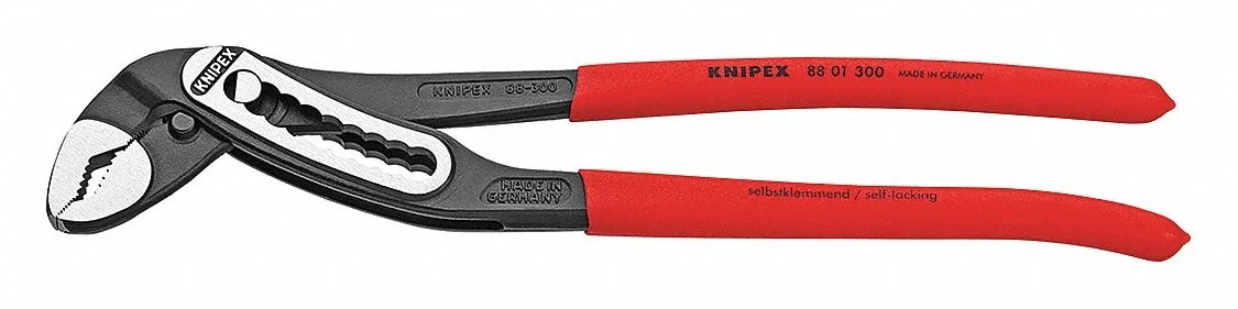 Twelve-inch water pump pliers with polished chrome vanadium steel jaws and plastic-coated handles