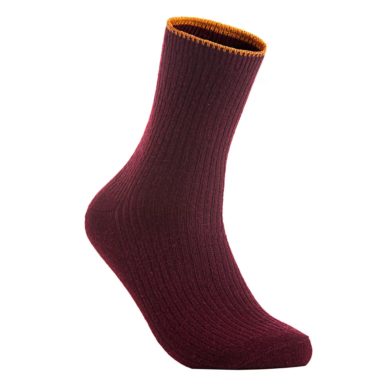 Four pairs of wine-coloured wool crew socks folded together