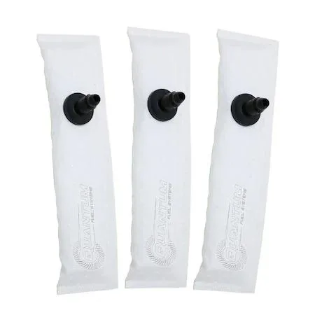 Three transparent fuel pump strainers on a plain background