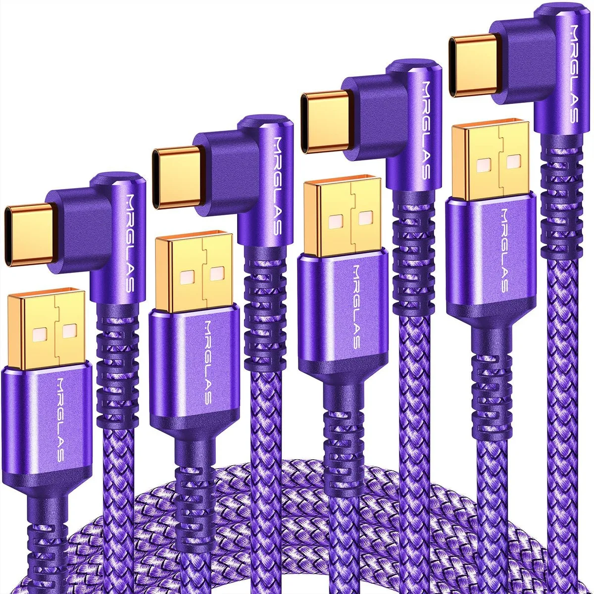Four purple braided USB-A to USB-C right-angle cables in lengths 1.6, 3.3, 6.6 and 10 feet