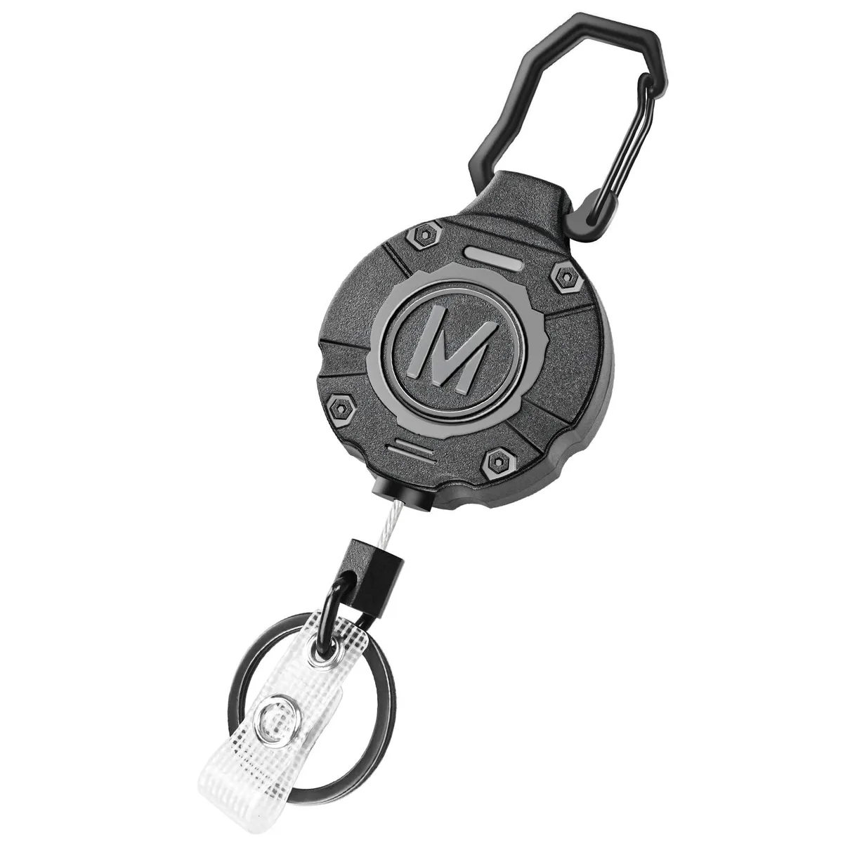 Black retractable badge reel with zinc alloy carabiner and 31.5 inch nylon cord
