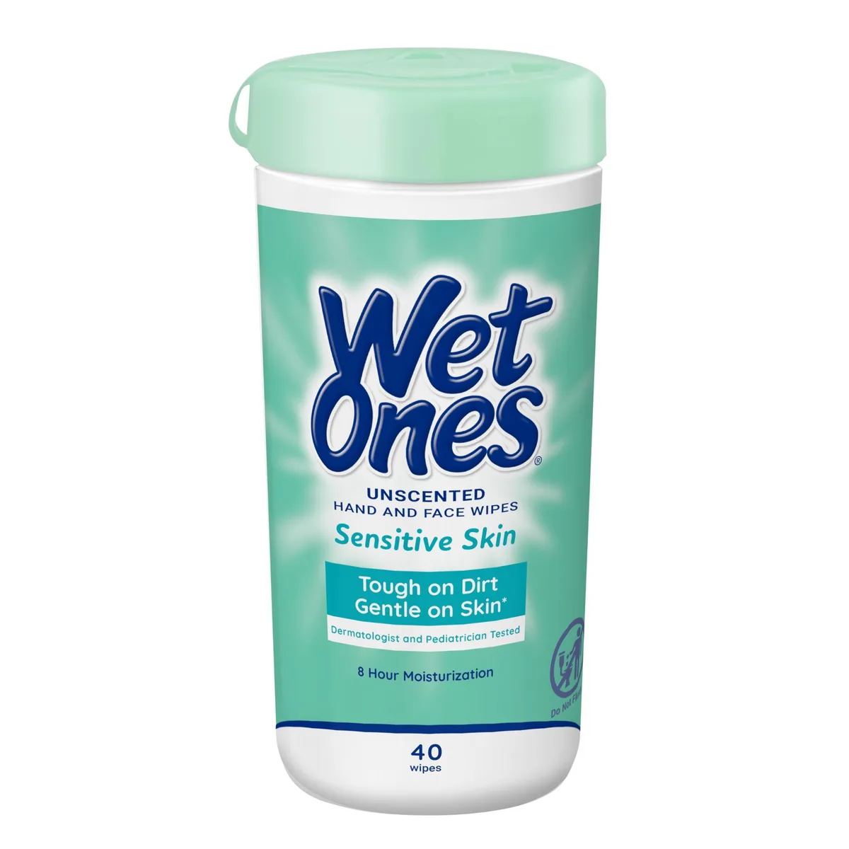 White cylindrical canister of Wet Ones sensitive skin hand wipes, 40 count