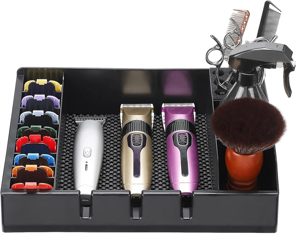 Black plastic barber organizer tray with 39 compartments and non-slip base