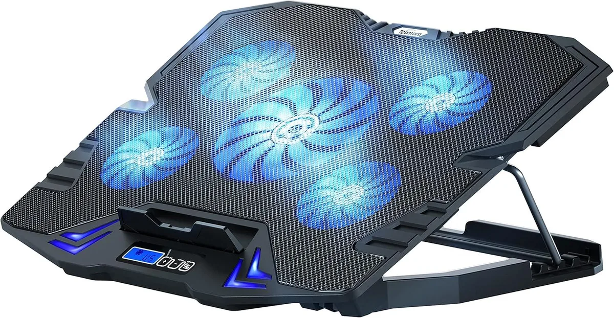 Flat rectangular cooling pad with five fans, blue LED lighting, LCD control panel and fold-up laptop stop