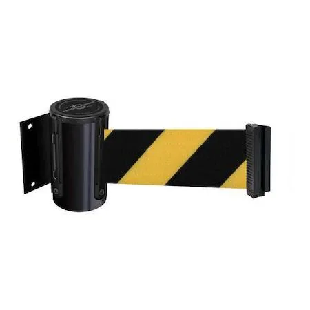 Black metal retractable belt barrier with yellow and black striped belt and wall receiver clip