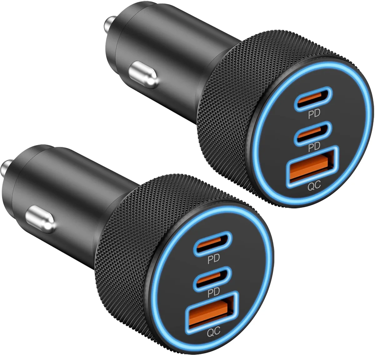 Two black car chargers with three USB ports each, cigarette-lighter plug visible