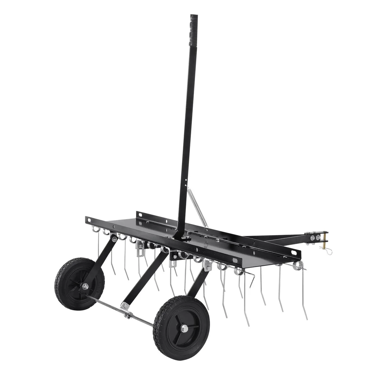 Wide steel frame with twenty spring tines and lift handle