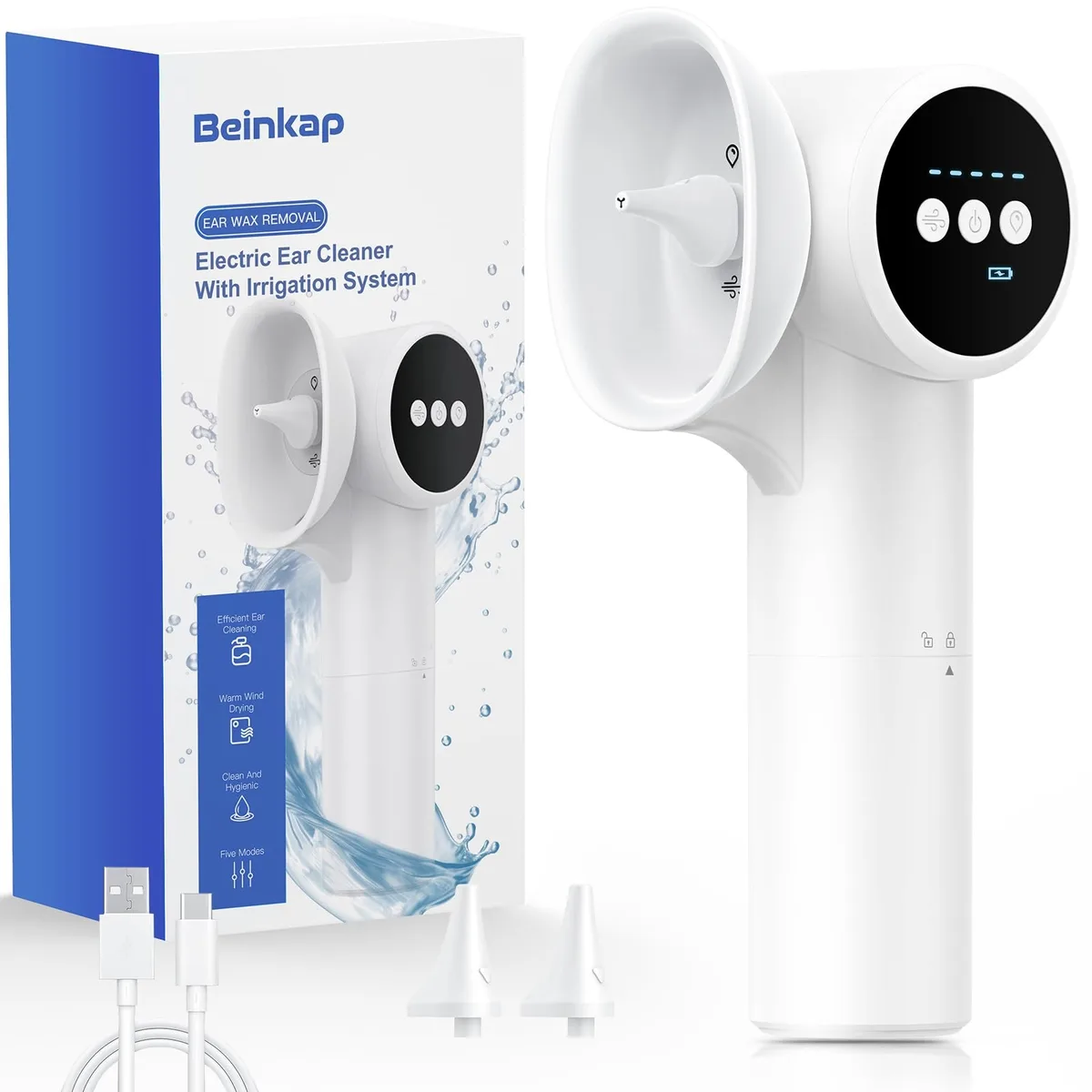 White electric ear cleaner with dual tanks and nozzles