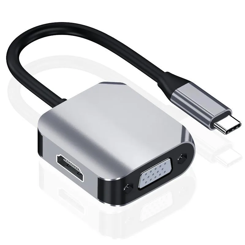 Gray USB-C adapter with HDMI and VGA ports