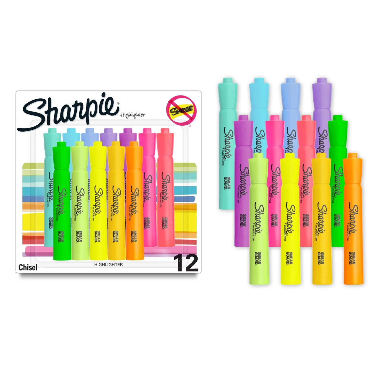 Box of twelve Sharpie Tank highlighters in assorted colours, chisel tips, plastic barrels