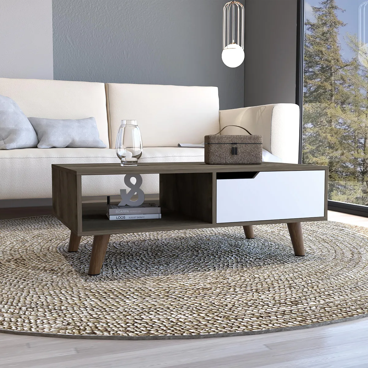 Rectangular coffee table dark brown top white legs one drawer one open shelf particle board