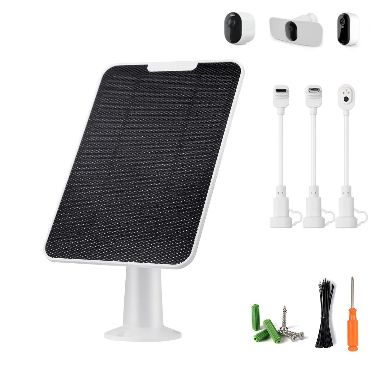 White rectangular solar panel with 360° adjustable bracket and 9.8ft cable