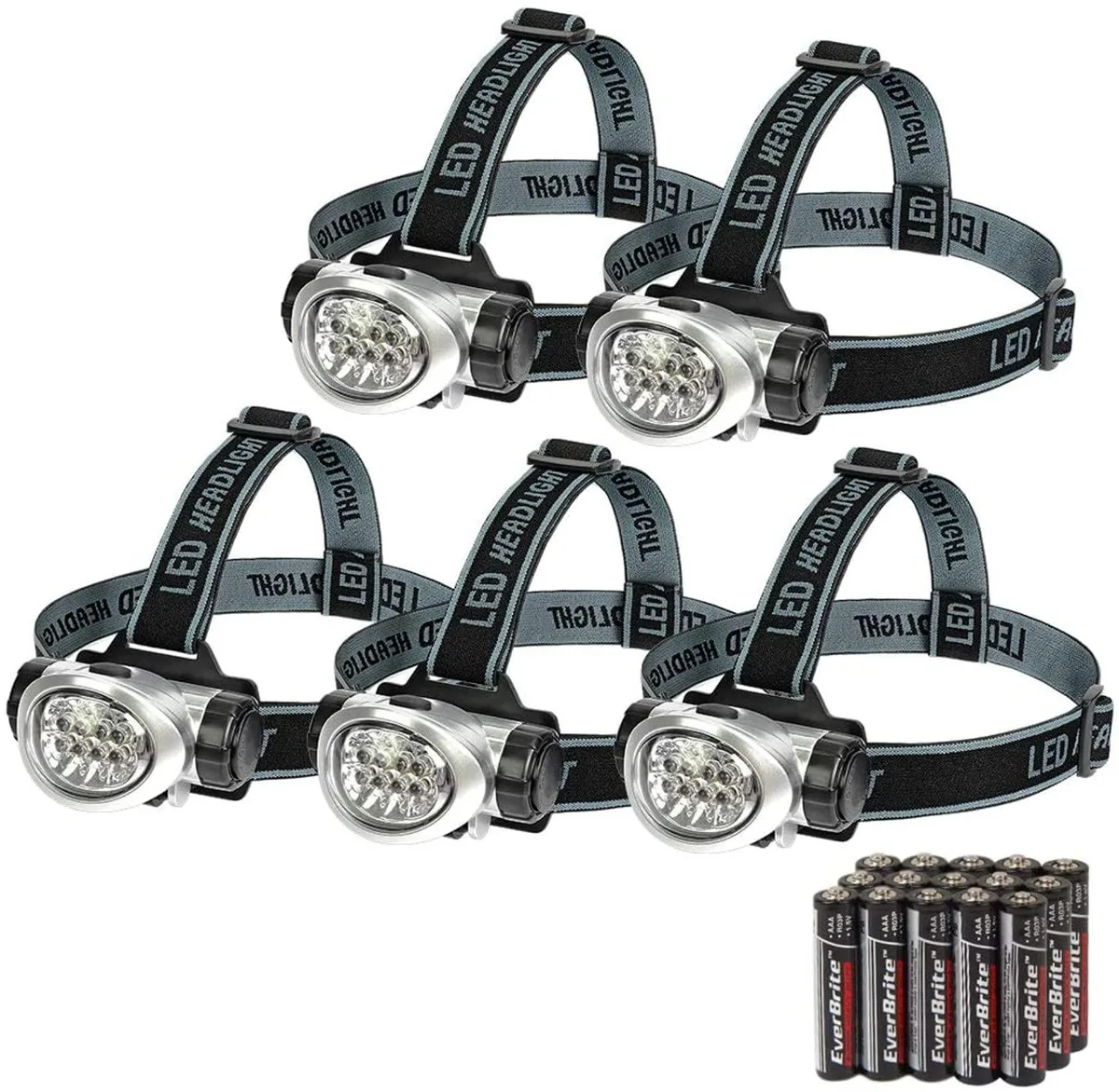 Five white headlamps with pivoting LED heads on adjustable straps