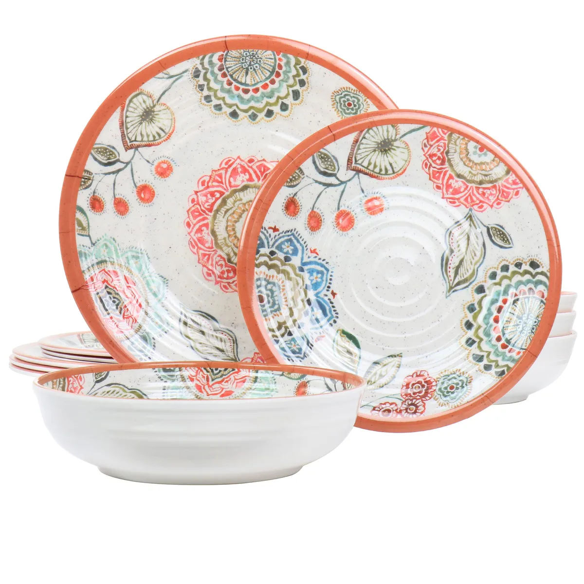 Round melamine plates and bowls with glossy multi-coloured mandala pattern and ribbed texture