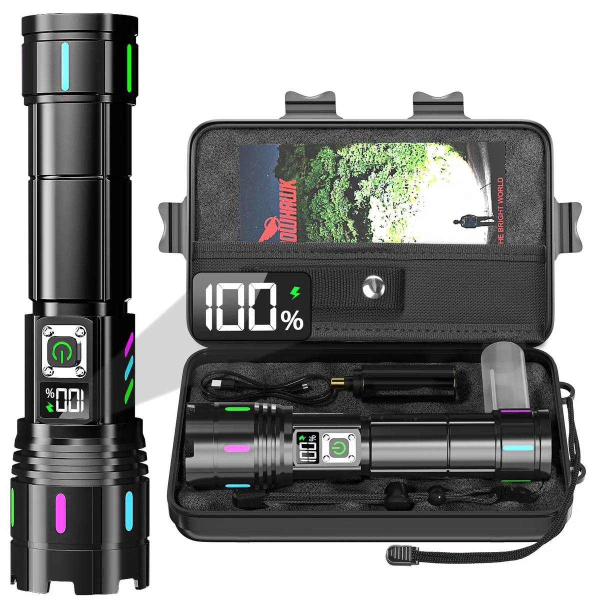 Black cylindrical aluminium flashlight with LCD power display and USB-C charging
