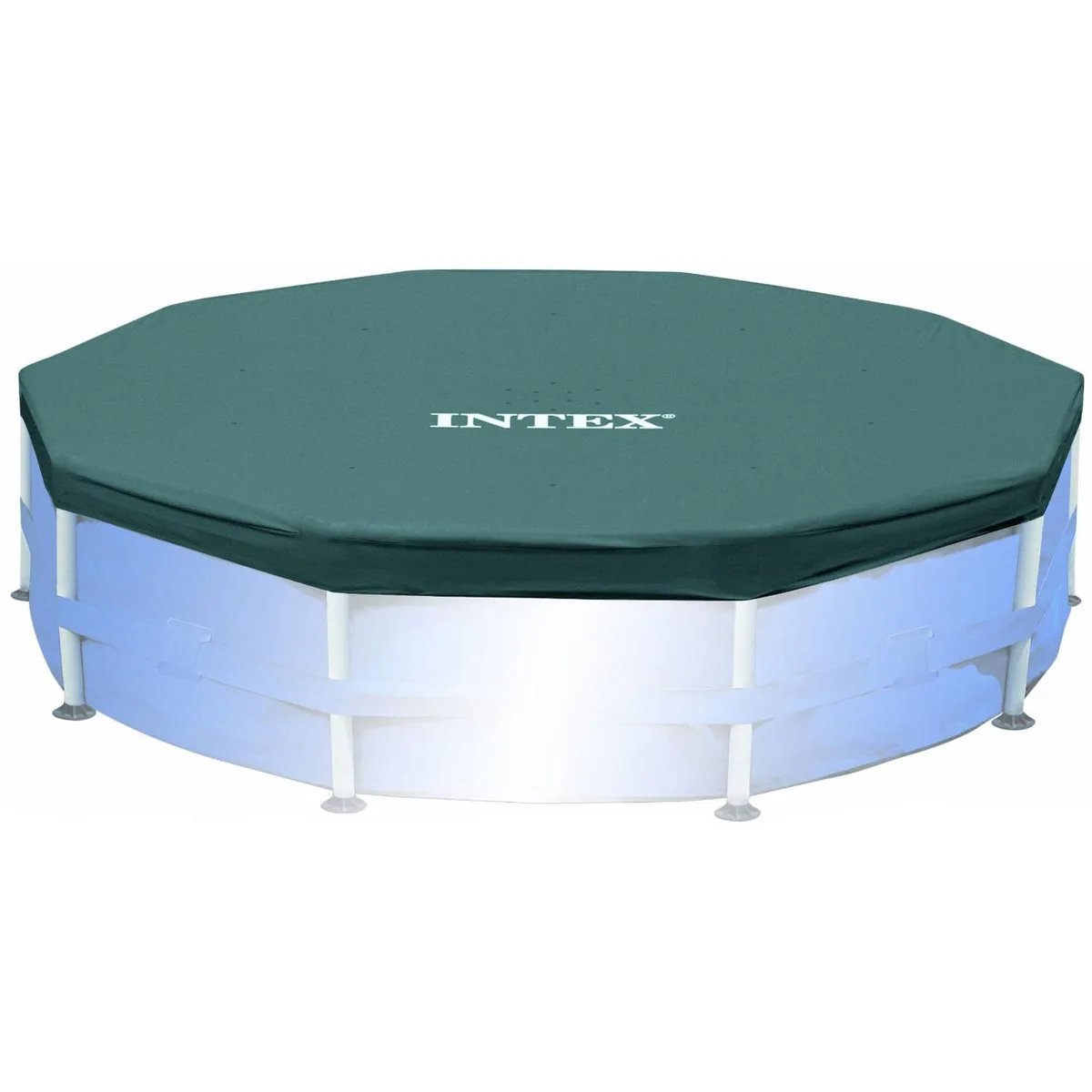 Grey round pool cover, 15-foot diameter, PVC vinyl with drain holes and rope ties