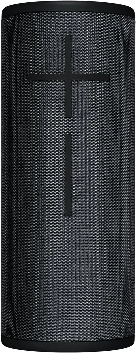 Cylindrical wireless speaker in dark fabric with volume buttons and a single control button on top