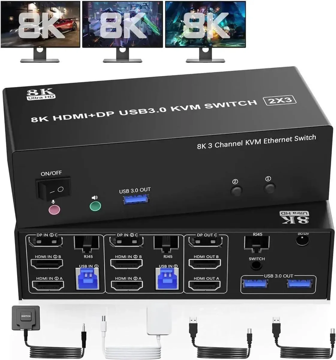 Vszerda Vszerda KVM Switch 3 Monitors 2 Computers 8K@60Hz 4K@144Hz 2 HDMI DP USB 3.0 1000Mbps Ethernet Wired Remote — product photo
