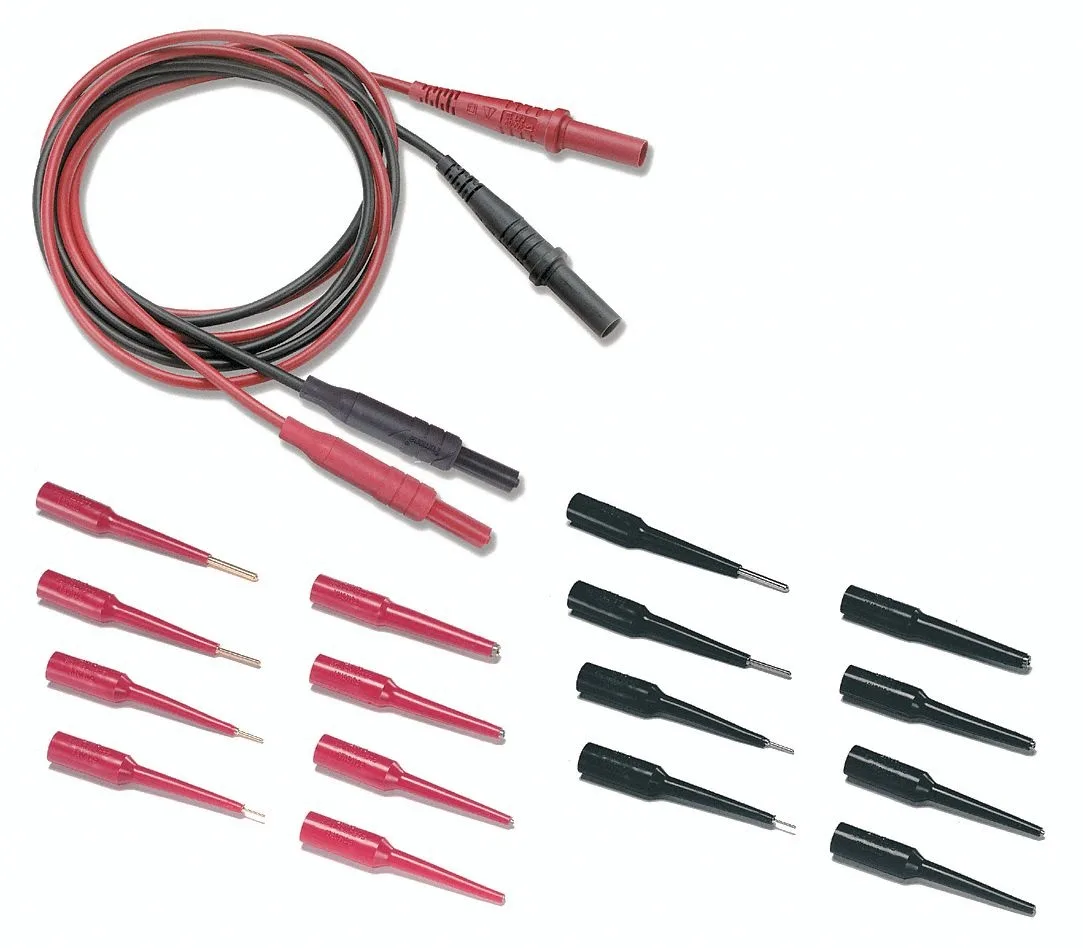 Red and black test leads with shrouded banana plugs and pin sockets coiled together