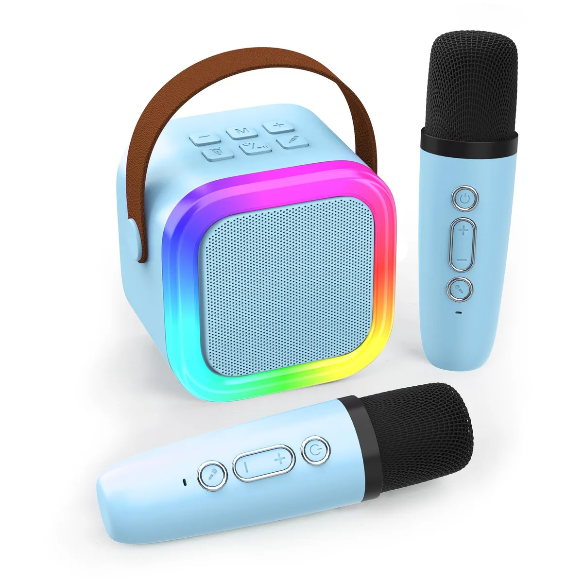 Compact blue karaoke speaker cube with two wireless microphones