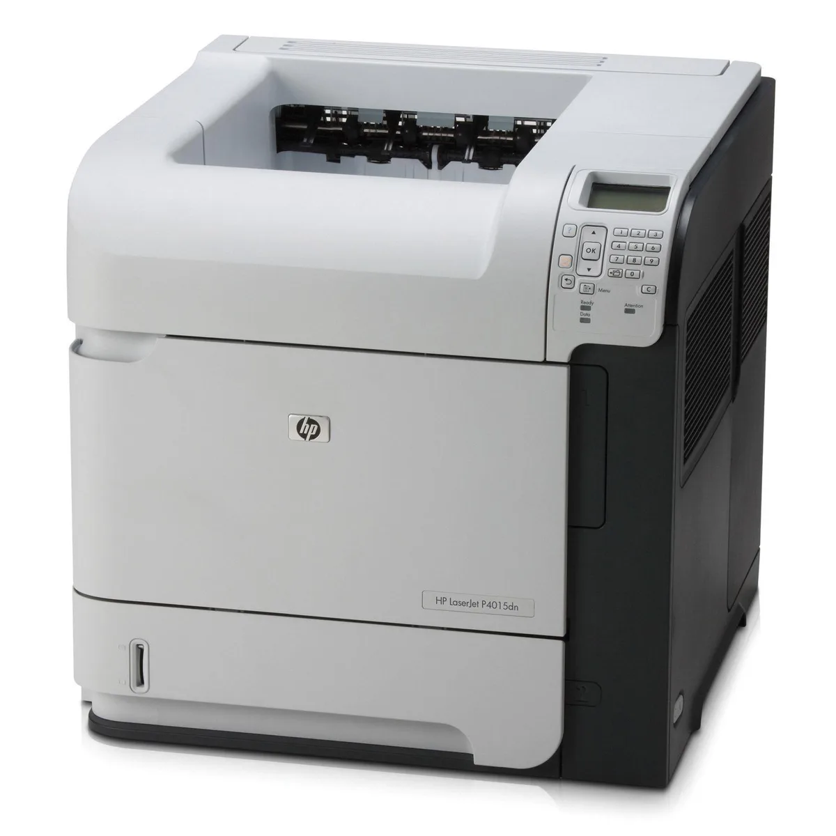 White rectangular office laser printer with top output tray and front paper cassette