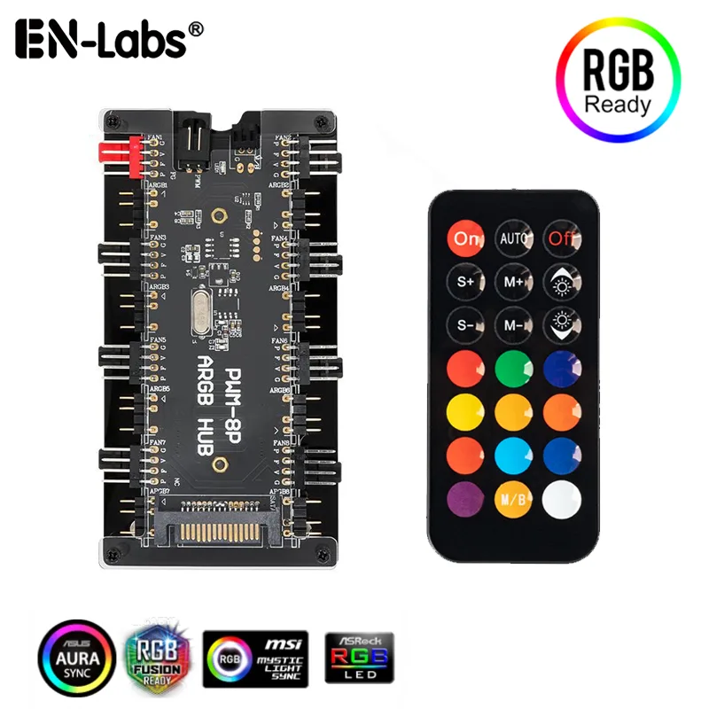 EN-Labs EN-Labs PWMARGB8SIR internal power cable 8 ports 12V 4Pin 5V 3Pin SATA 15pin 1.3FT — product photo