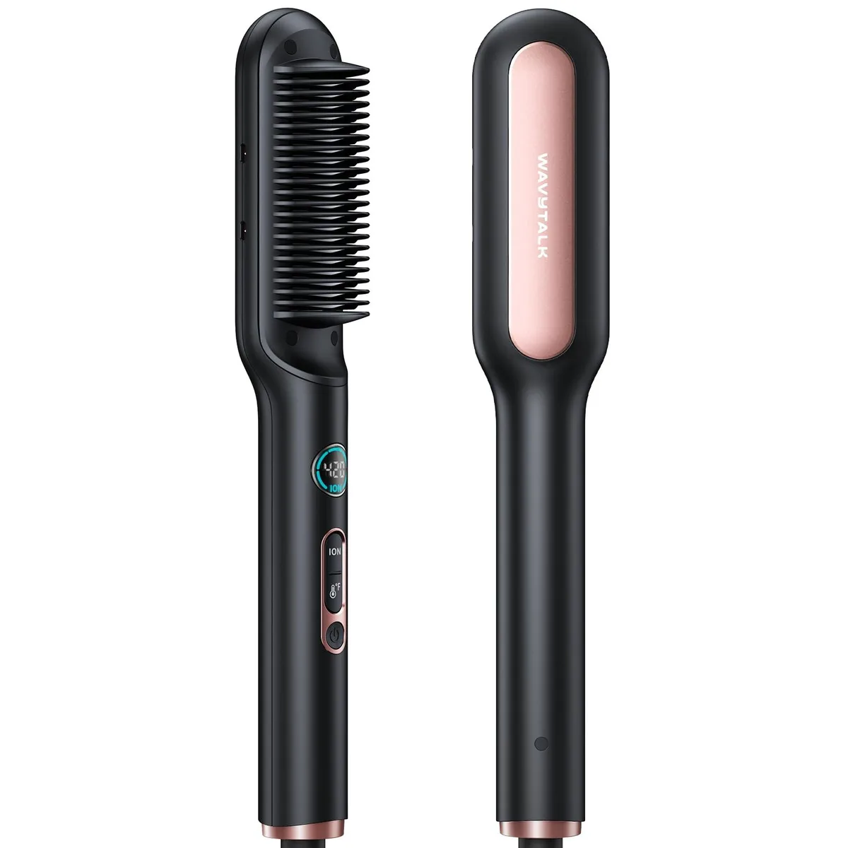 Rose gold heated straightening brush with anti-scald bristles and LED display