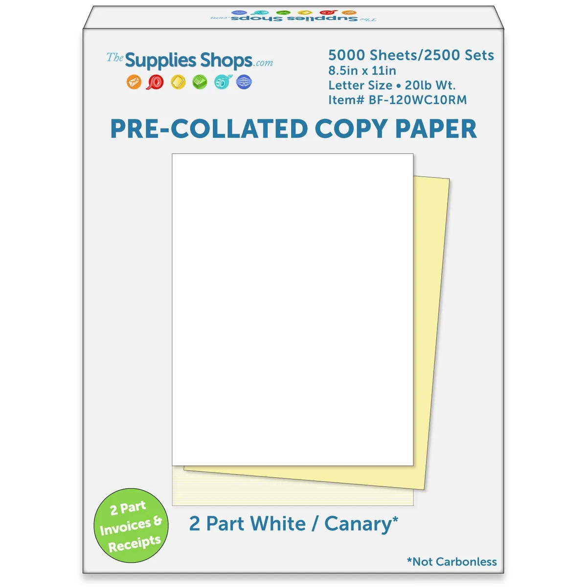 Carton of pre-collated white and canary bond paper sets