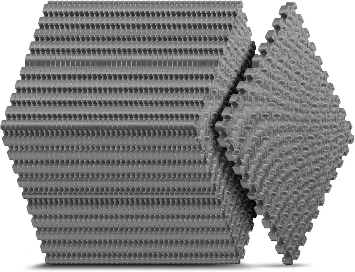 Thirty-six grey EVA foam tiles with puzzle edges and textured surface