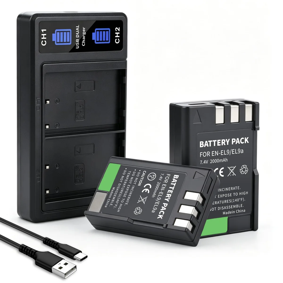  ANCBD EN-EL9 2000mAh 2-pack camera battery with dual charger — product photo