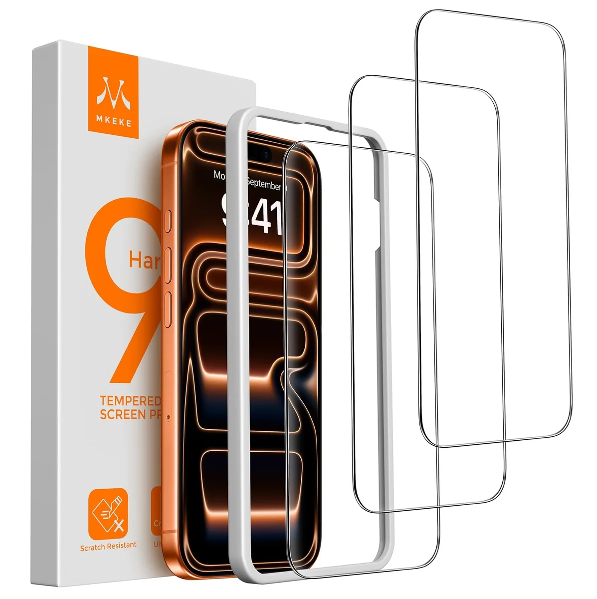 Three clear tempered glass screen protectors with alignment frames and a SIM tool