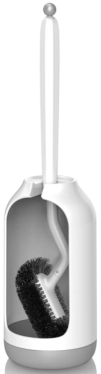 White toilet brush with curved S-shaped bristles in matching holder