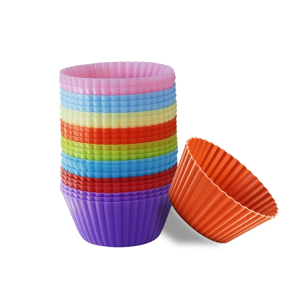 Twenty-four flexible silicone baking cups in eight rainbow colours