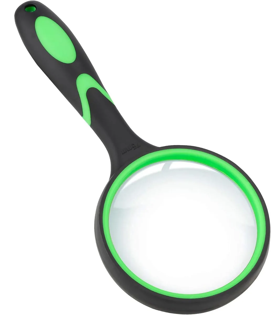 Green handheld magnifier with rubber handle and glass lens, 12 pack