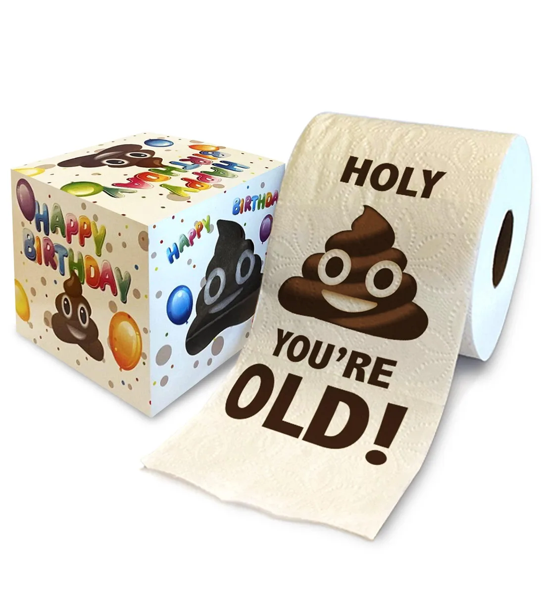 Full-size brown recycled toilet roll printed with Holy Poop Youre Old design in gift box