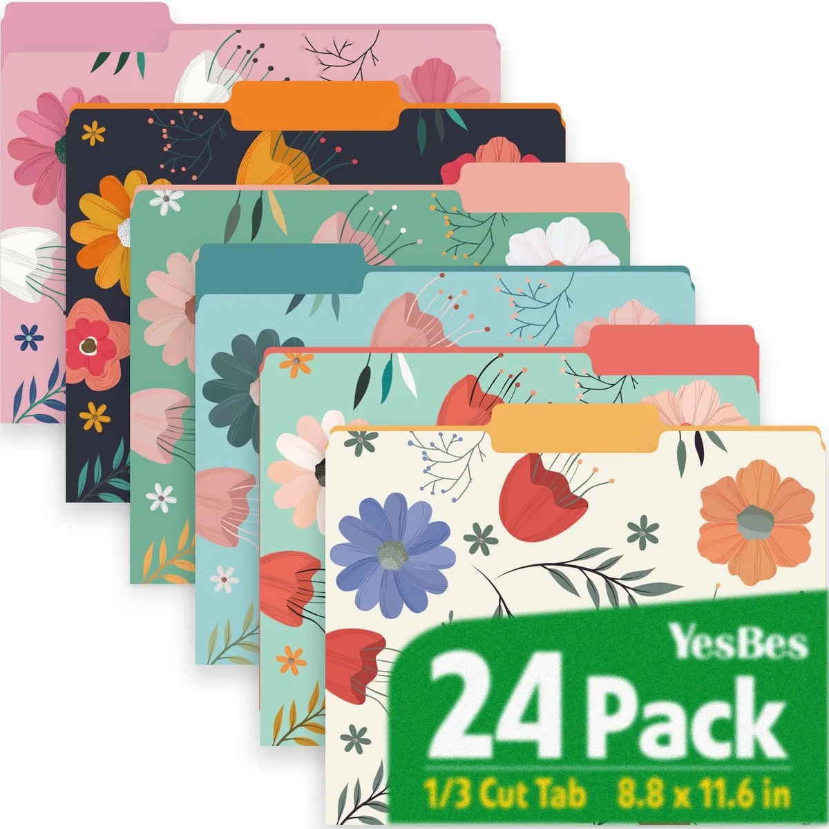  YesBes 24 Pack File Folders Letter 8.5 x 11 Inch 1/3 Cut Tab Assorted 6 Styles — product photo