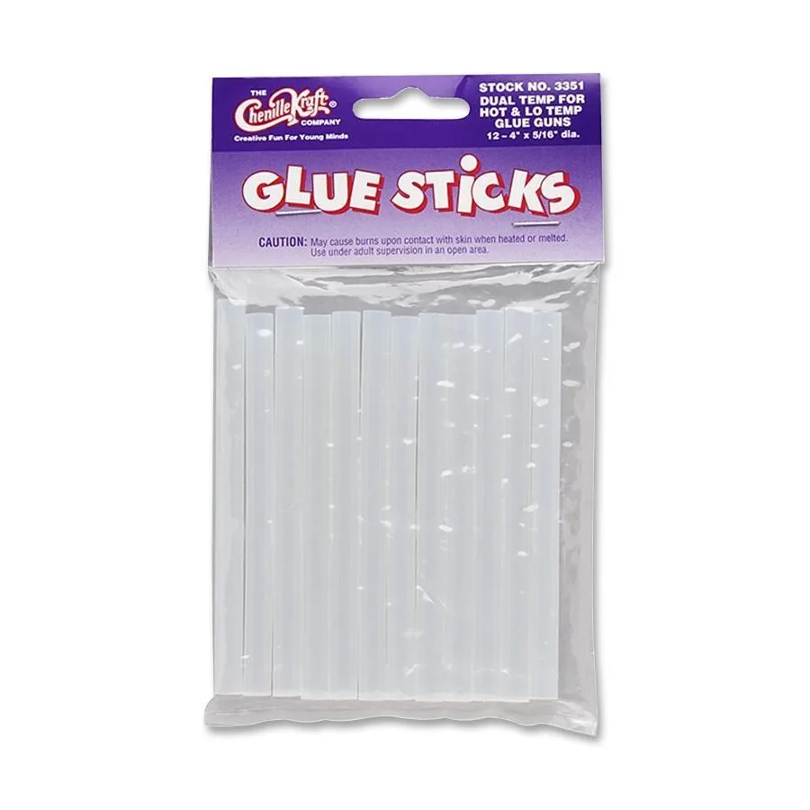 Pack of twelve cylindrical glue sticks in clear packaging