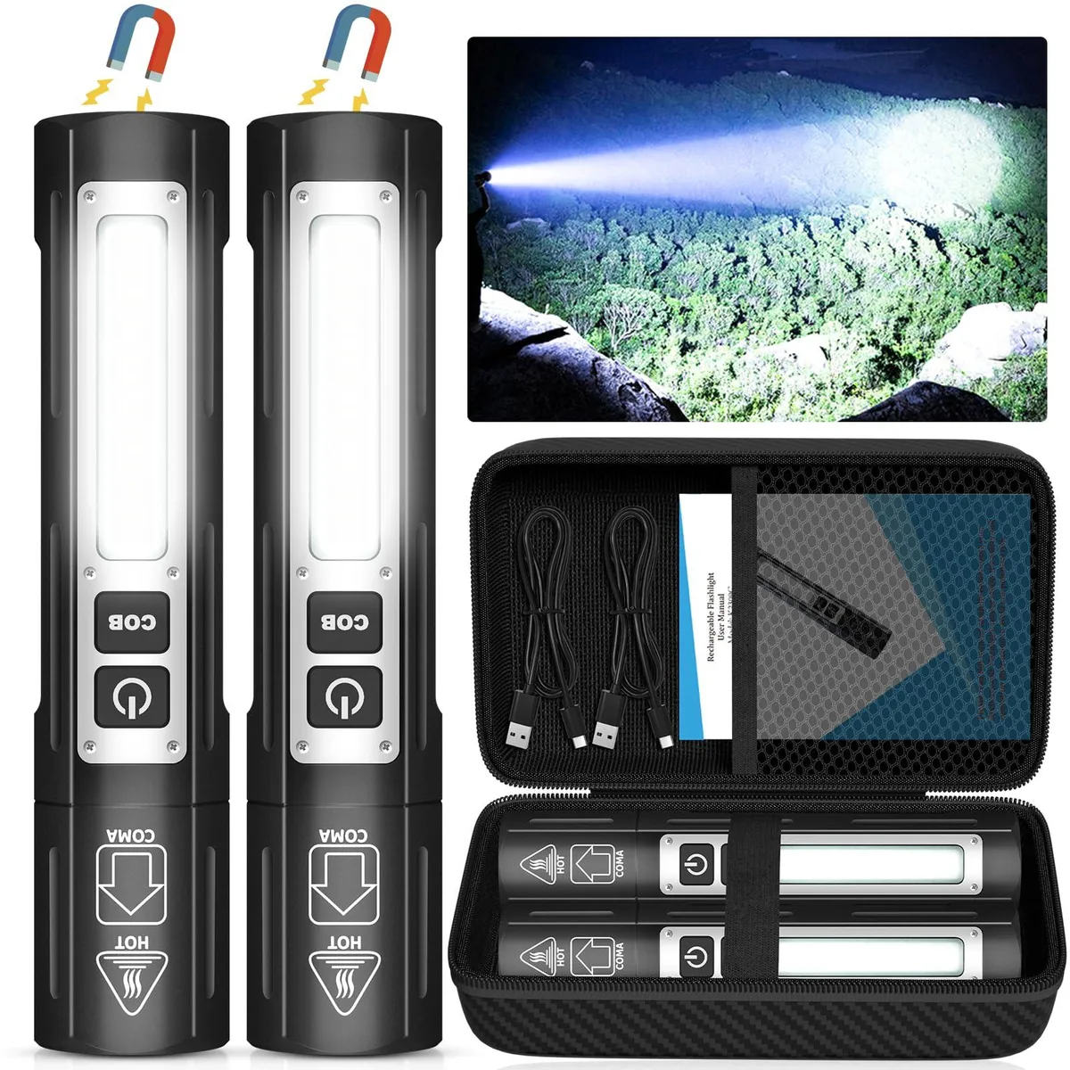 Compact black aluminium flashlight with magnetic tail and metal pocket clip