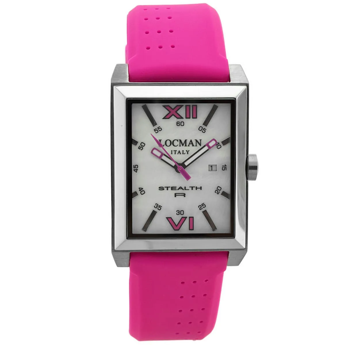 Silver stainless steel watch with white mother-of-pearl dial and dark silicone strap
