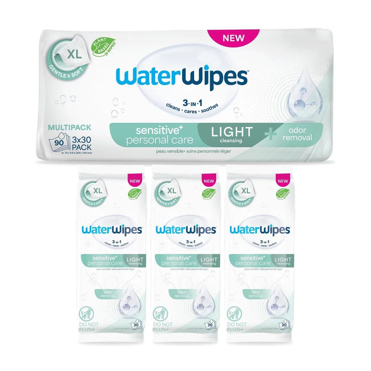 White rectangular box containing three packs of XL textured incontinence wipes, fragrance-free, 90 count total