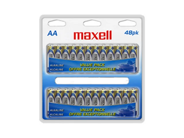 Cardboard box containing 48 maxell AA alkaline batteries