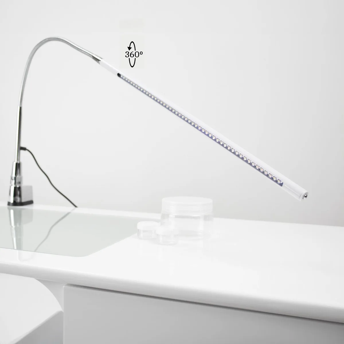 White enamel shade and chrome flexible arm with clamp base, 48 LED lamp