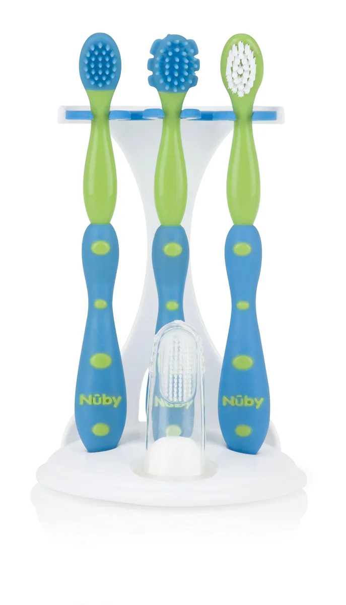 Blue four-stage oral care set with three toothbrushes and a silicone gum massager