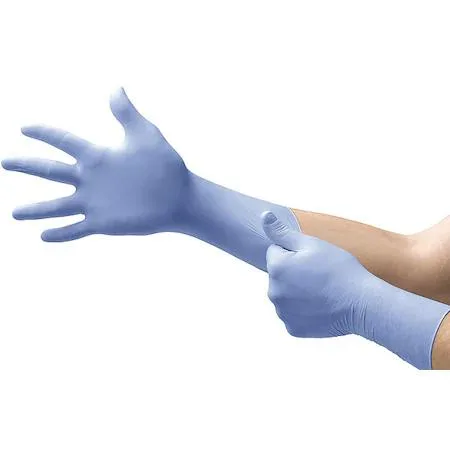 Blue nitrile exam gloves with textured fingertips and extended cuffs