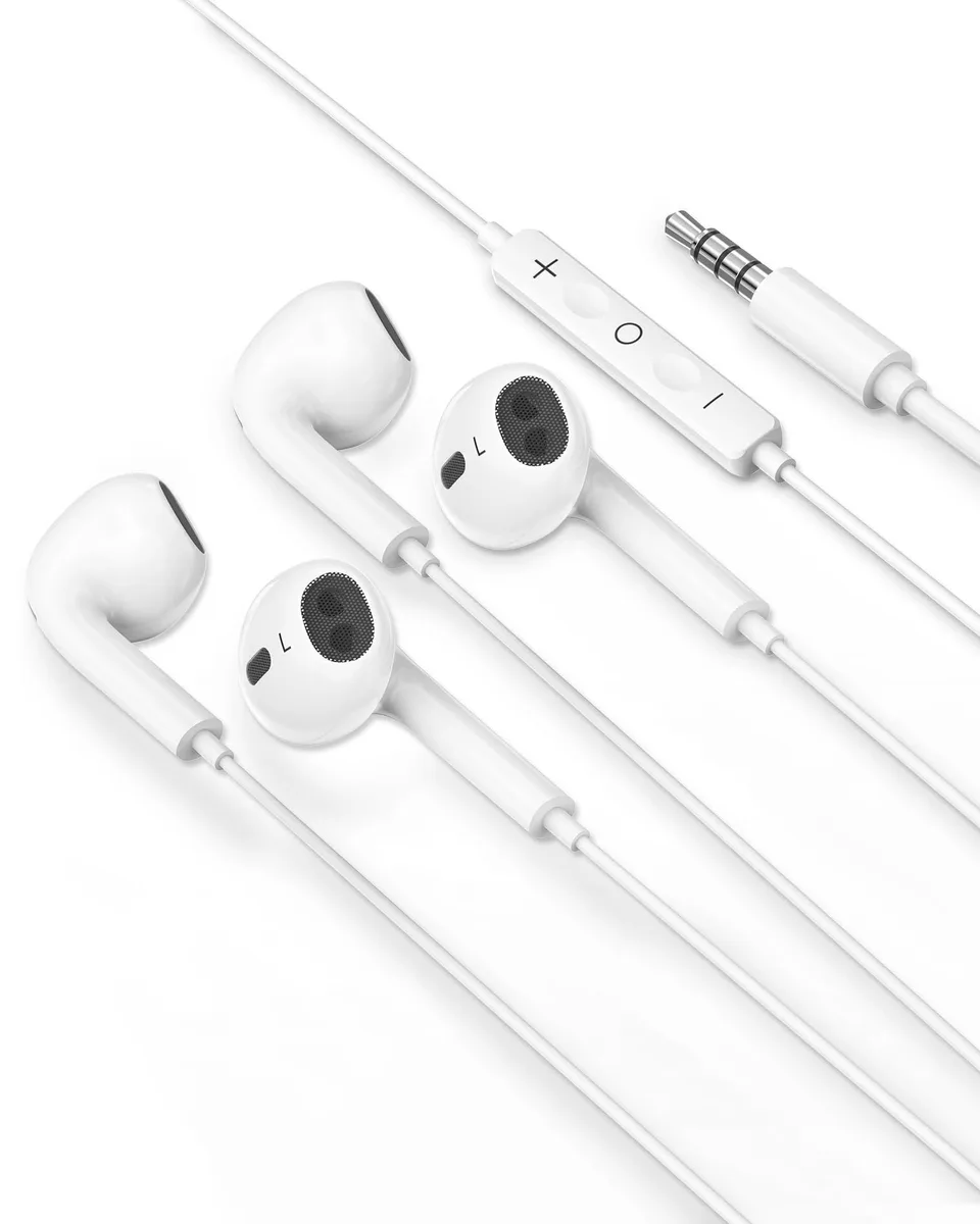 Two white in-ear wired earbuds with 3.5mm plug and inline microphone
