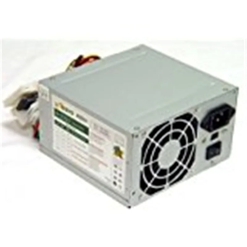 Rectangular metal power supply unit with fan grille and cable bundle