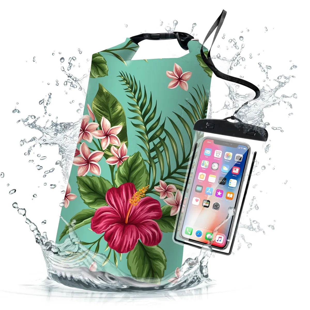Beige leaf-patterned 10L roll-top dry bag with shoulder strap