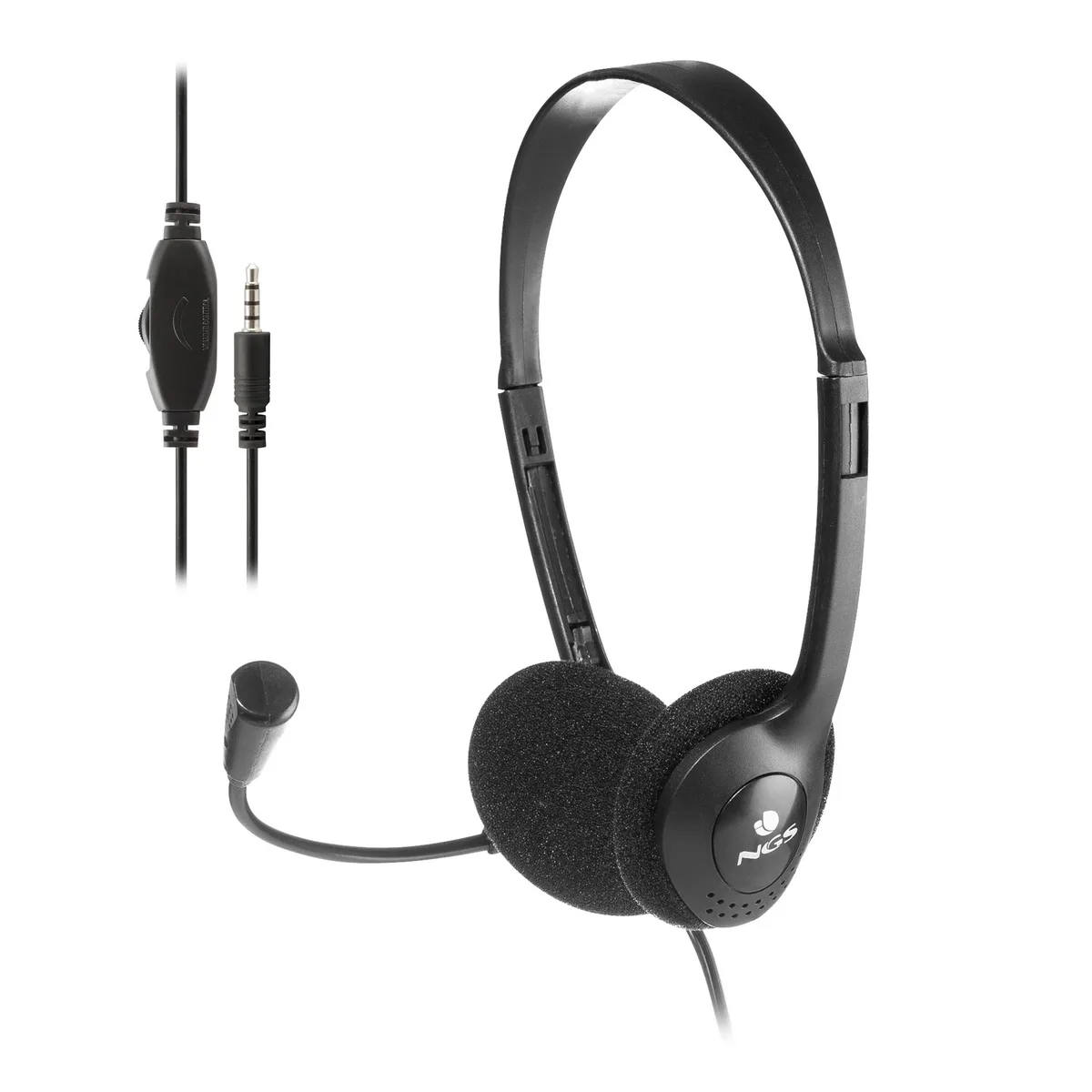 Black lightweight headset with adjustable headband, microphone and 1.5m cable