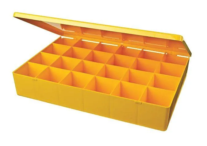 Yellow plastic compartment box with 24 fixed sections and snap closure