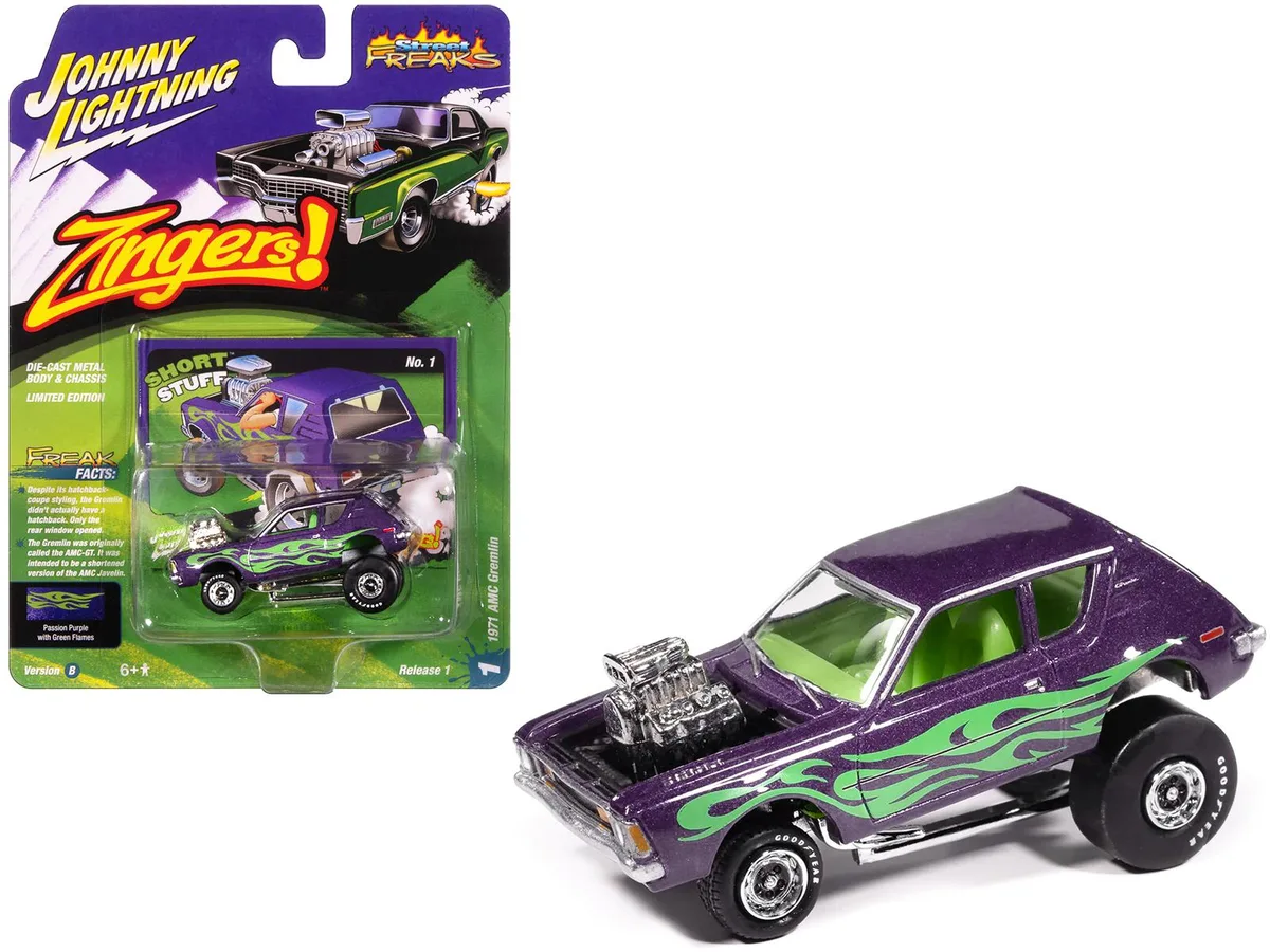 JOHNNY LIGHTNING JOHNNY LIGHTNING 1971 AMC Gremlin Passion Purple Metallic Green Flames 1/64 hobby collectible — product photo